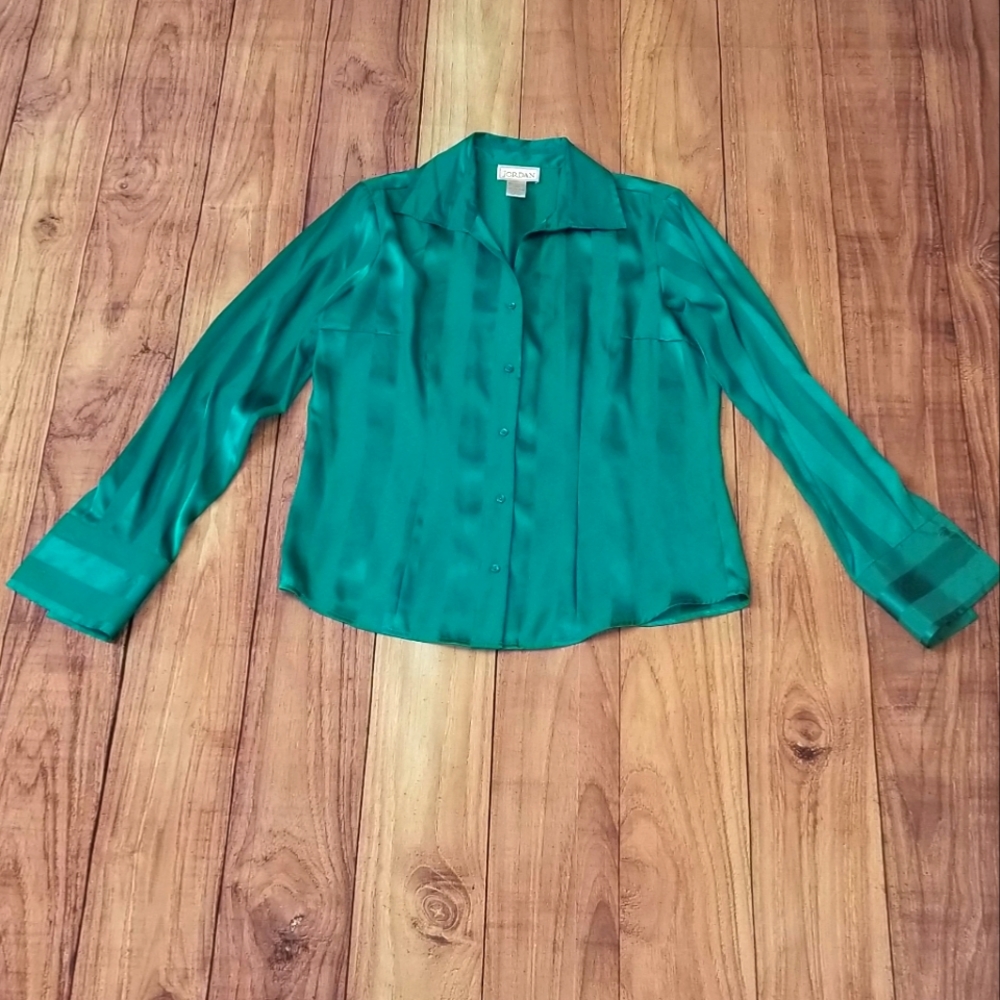 Teal Turquoise Striped Satin Blouse by Jordan size Medium